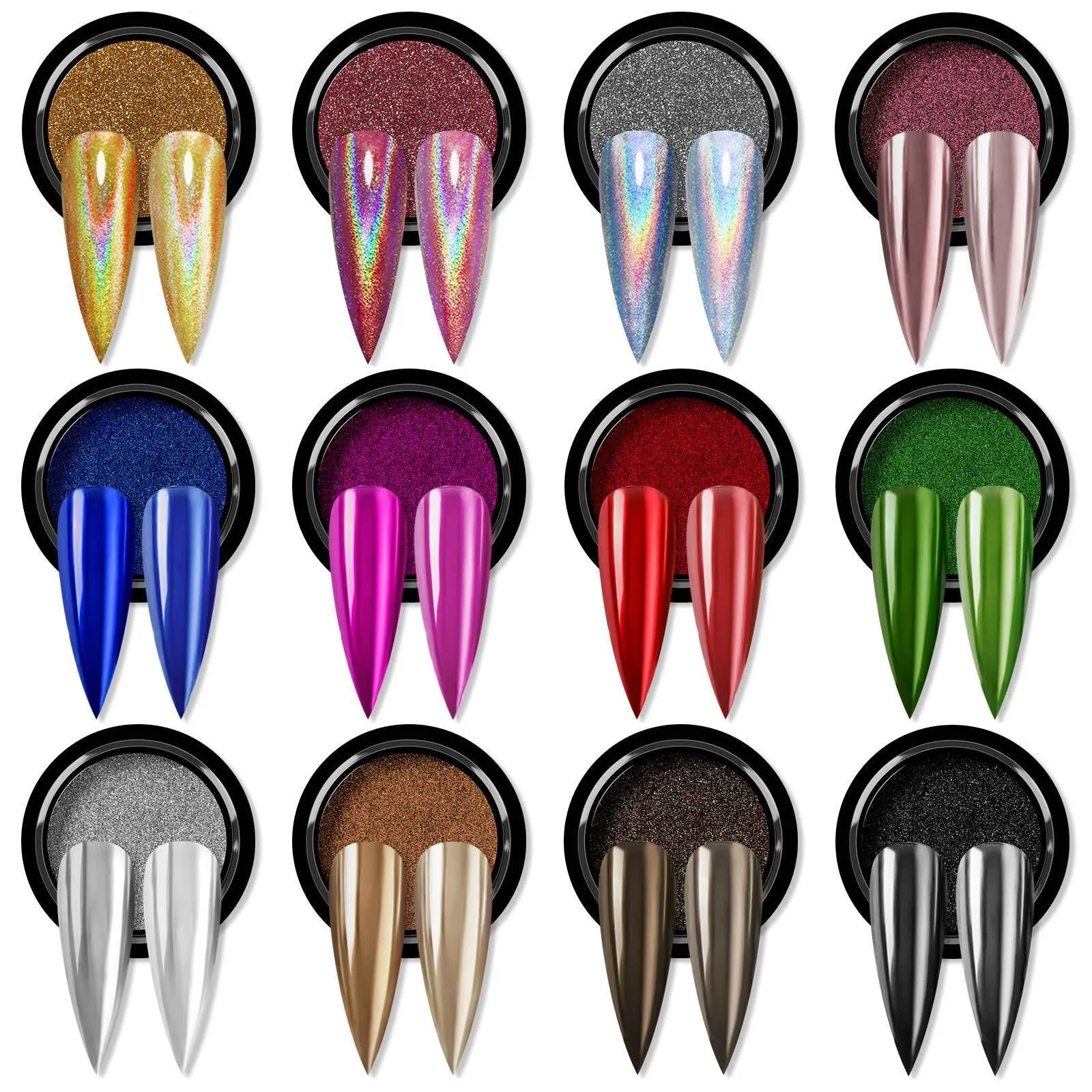 12 Jars Holographic Gold Nail Chrome Powder