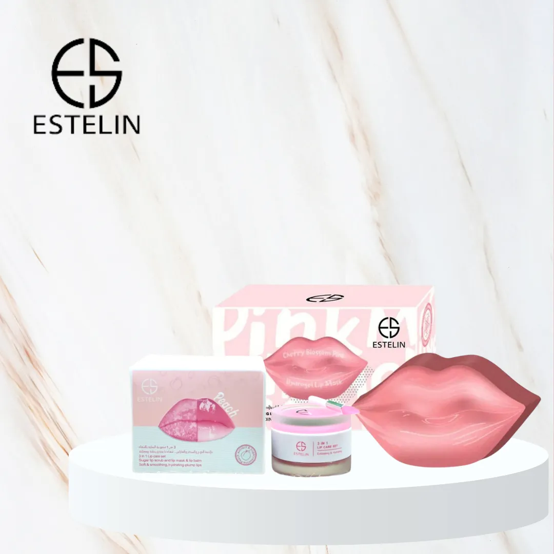 Combo - Estelin Cherry Blossom Pink Hydrogel Lip Mask & 3 in 1 Lip Care Set Peach