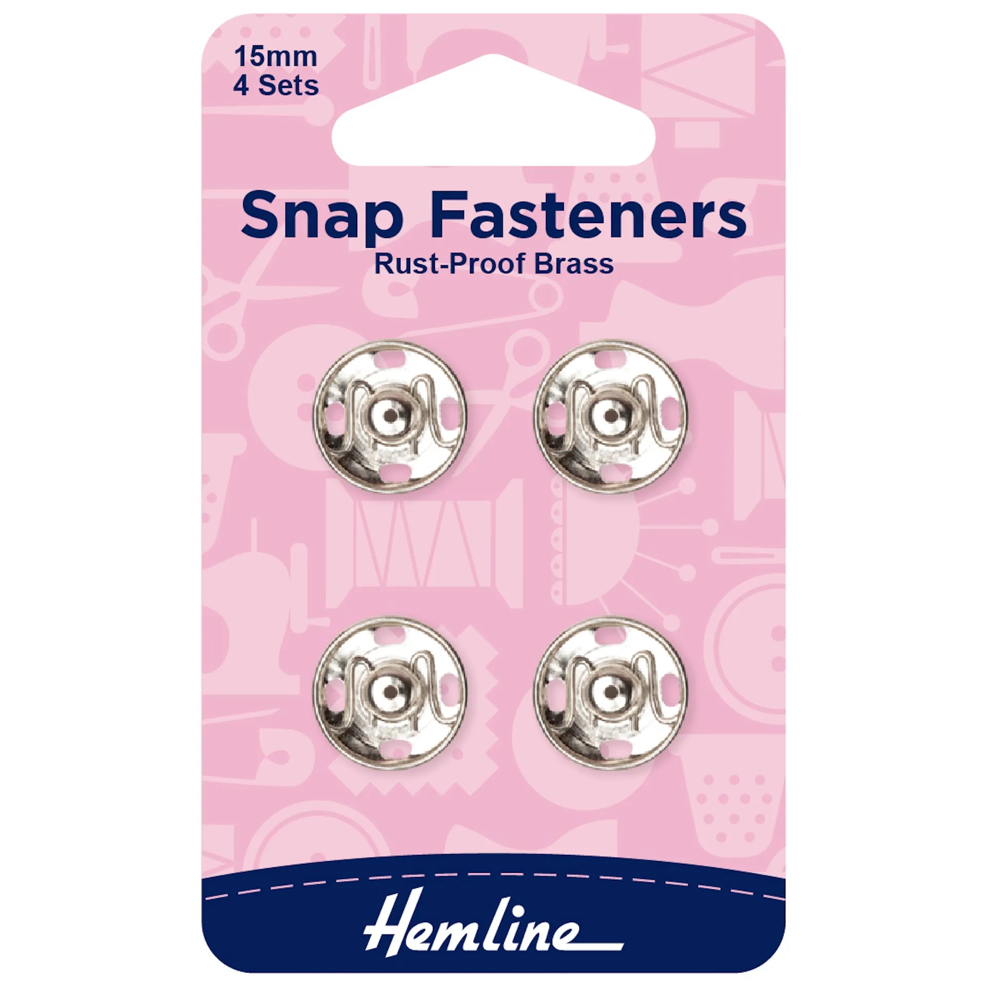 Hemline Snap Fasteners: Sew-on: Nickel: 15mm: Pack of 4